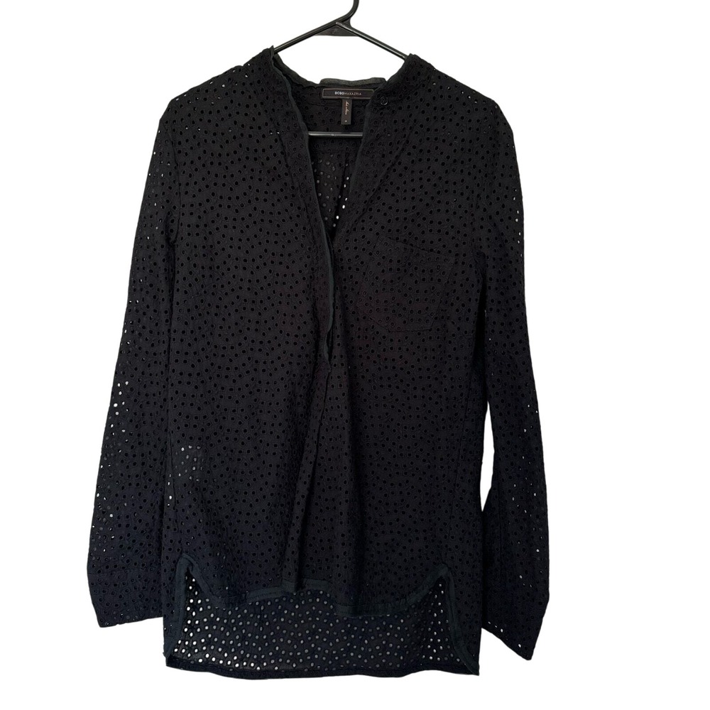 BCBGMAXAZRIA Black Eyelet Long Sleeve‎ Button Down Shirt Top Blouse M